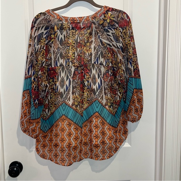 Figueroa & Flower BohoPeasant Top M Floral Tie Front Elastic Cuff Pullover - Picture 2 of 7